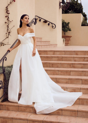 Off Shoulder White Organza High Split Classic Wedding Dress